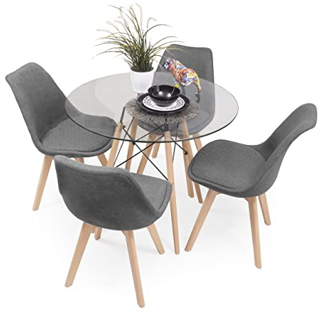 Homely - Conjunto de Comedor Tower Day Tela Mesa Redonda de Cristal de 90 cm y 4 sillas de diseño nórdico tapizadas (Gris Oscuro)