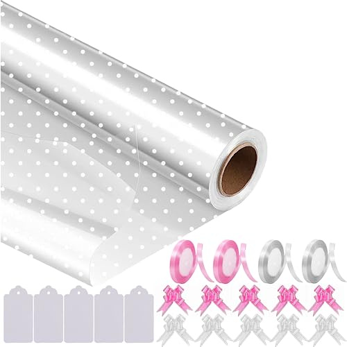 Spurly White Dot Cellophane Wrap Clear Wrapping Paper Roll 40cm x 30m Florist Cellophane Roll, Gift Wrappings for Flower Bouquet, Crafts, Baskets 10 Pull Bows, 4 Ribbons & 5 Gift Tags (Set of 20 Pcs)