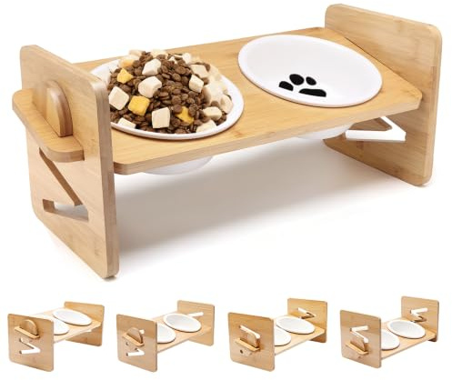 Elevated Dog Bowls - Adjustable Stand Feeder with 2 Ceramic Raised Bowls for Small Dogs and Cats
