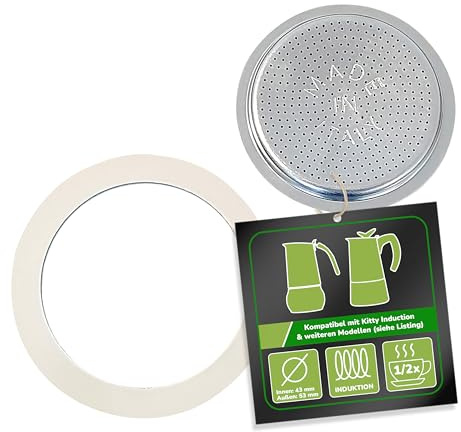 Harren24 Filter und Dichtung für Espressokocher, kompatibel mit Bialetti Espressokanne für 1 oder 2 Tassen, Ø außen 53 mm, 5,3 cm, Ø innen 47mm, 4,7 cm, Ersatzdichtung, Dichtungsring