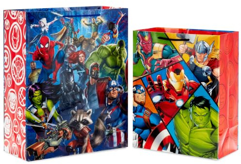 Hallmark Marvel Avengers Superhelden Geschenktüten-Set (1 große 13-Zoll-Tasche und 1 extra große 15-Zoll-Tasche) mit Spider-Man, Hulk, Thor, Iron Man für Geburtstage, Weihnachten, Halloween