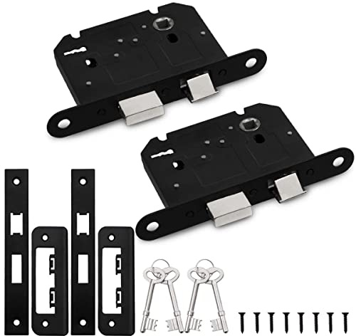 Bwintech 2 PCS 3 Lever Matt Black Mortice Sashlock 65mm (2.5 Inch), Door Lock with Key for Internal Doors, Reversible Catch