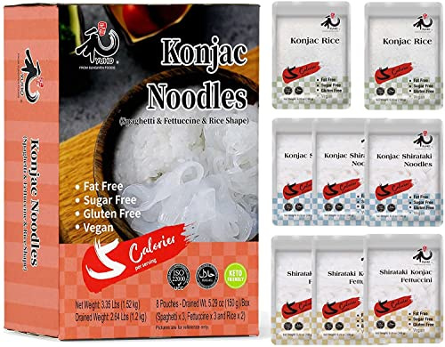 YUHO Shirataki Konjac Pasta and Rice Variety 8 Pack Inside, Vegan, Low Calorie Food, Keto Friendly, Low Carbs, Holiday Gifts, Healthy Diet Pasta 1520g, 3 Noodles, 3 Fettuccine and 2 Rice