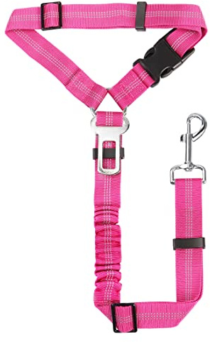 YAOHDAO Dog Seat Belt Harness for Car, Restraint Adjustable with Elastic Bungee Buffer Headrest for Vehicle, 360° Swivel Carabiner Nylon Pet Safety Seat Belts Heavy Duty Car Harness for Dogs Rosy Red