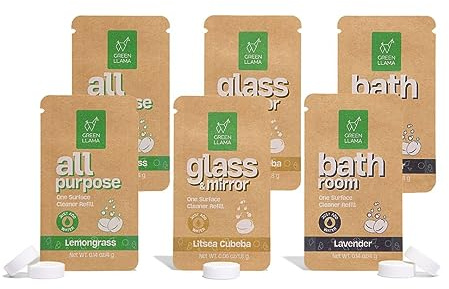 Green Llama Eco-Friendly Cleaning Tablet Variety Pack - Multi-Surface, Glass & Bathroom Cleaner Refills, Compostable, Plant-Based, Family & Pet Safe - Sample Pack with 6 Tablets