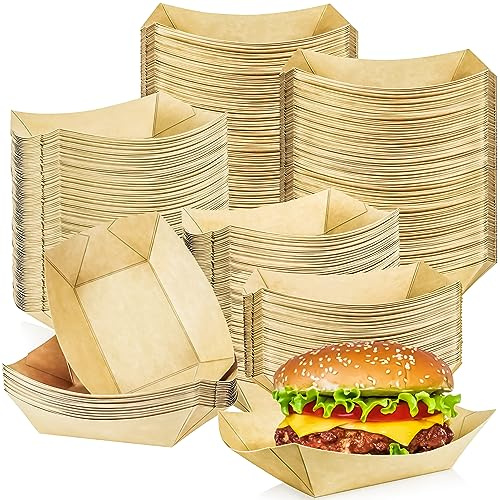 MotBach 250 Pack 1Lb Paper Food Boat Trays Disposable Paper Boat Plates Containers, Kraft Food Serving Tray Boats Bowls for Snack Fries Popcorn BBQ HotDog Sandwich Dessert Taco Nacho