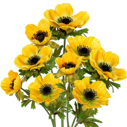 Briful 3er Set Künstliche Anemonen Kunstblumen Wie Echt Kunstzweige Gelbe Frühlingsblumen, Länge 55 cm, Dekoblumen für Blumengesteck Home Resto Büro Dekoration