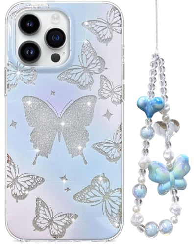 Efitoo for iPhone 15 Pro Max Case Glitter Butterfly Design Cute Clear with Strap Wrist Bling Sparkle Purple Blue Aesthetic Protective Glossy Phone Cover Women Girls (for iPhone 15Pro Max)