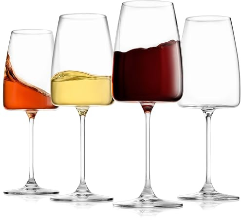 BENETI Luxury Wine Glasses Set of 4 | Handmade In Europe | 14oz Premium Crystal Red & White Long Stem Wine Glasses | Unique Modern Shape, Packaged In Beautiful Ready-to Gift, Gift Box