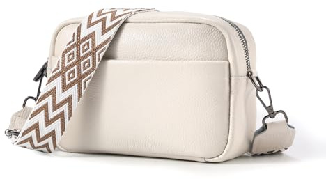 MCRADY Damen Handy Umhängetasche aus Echtem Leder - Modernes Crossbody Bag mit breitem Schultergurt und 3 Fächern, ideal für Reisen und den täglichen Gebrauch-Weiß