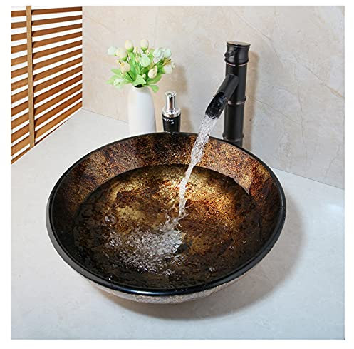 Waschtisch-Waschbecken, rundes Glas-Waschbecken, Wasserhahn, Glas-Waschbecken-Set, Badezimmer-Waschbecken, Badezimmer-Waschbecken, 42,9 x 13,2 cm, Badezimmer-Waschbecken