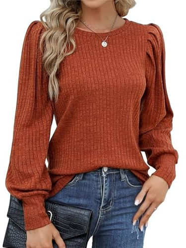 Hotouch Jersey de Mujer Tops con Mangas Abullonadas Ligera Elegante Casual | Jersey Cuello Redondo Manga Larga,Blusa Otoño Invierno