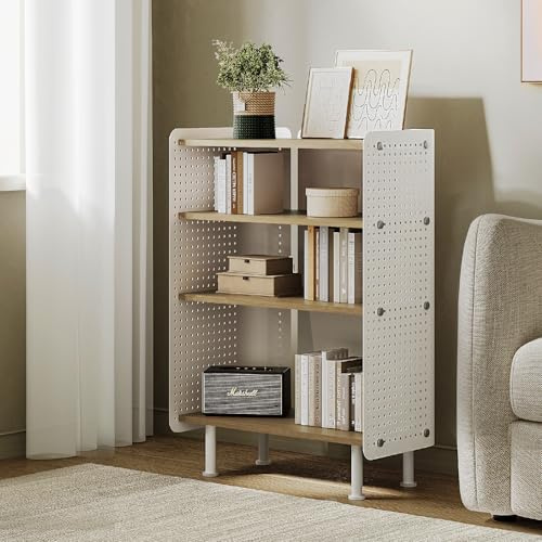 Fenge 4 Etagen Bücherregal Modern Lagerregal mit Pegboard Multifunktionales Lagerschränke mit Verstellbarem Regal für Wohnzimmer, Schlafzimmer, Heim, Büro (Eiche)