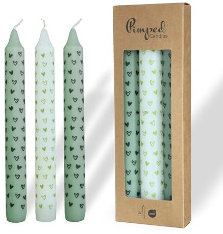 COMFORDER Stabkerzen Set bedruckt, 3x Tafelkerzen mit Motiven – kleine Herzen, 20cm, 7 Stunden Brenndauer (Grün + Weiß)