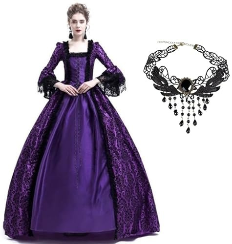 Velcoxplay Damen Mittelalterliche Viktorianischen Königin Kleid Langarm Mittelalter Renaissance kostüm Gothic Lolita Party Rokoko Puffärmel Maxikleid Purple M