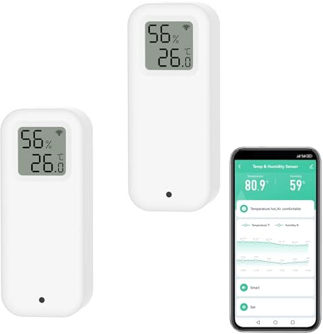 Digital Smart Thermometer Hygrometer, WiFi Temperature and Humidity Sensor with Self Magnetic Sheet, Calibration Temperature Sensor with App Notification Alert. Compatible with Alexa. 2PCS