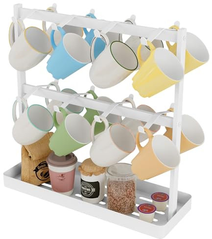 YUMORE Coffee Mug Holder Stand,16 Cup Hooks Countertop Mug Tree Holder Rack with Storage Base 2 Tier Counter Cups Mugs Display Storage Organizer for Kitchen Tea Coffee Bar, White, Metal