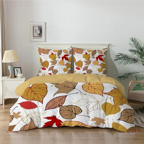Qiwagu Bettwäsche 135x200 Gelbes Blätter, Bettwäsche-Sets Weiß aus Weiche Atmungsaktiv Microfaser, Bügelfrei Wendebettwäsche Bettbezug 135 x 200 und 1 Kissenbezug 80x80 cm