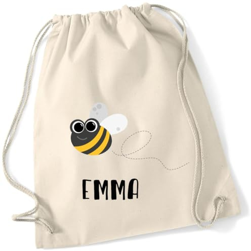 minimutz Turnbeutel Biene - Personalisiert mit Namen - Kinder Stoffbeutel Rucksack zum Zuziehen - Sportbeutel Baumwolle zum Zuziehen - 12L - 37x46cm (natur)