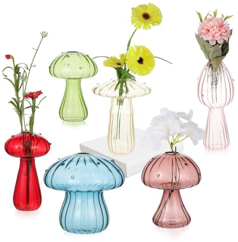 Mushroom Vase, Set of 6 Colored Flower Vase, Propagation Stations Vases, Glass Vases for Decor, Small Bud Vases Home Decor Small Cute Mushroom Planter for Room Office Decoration