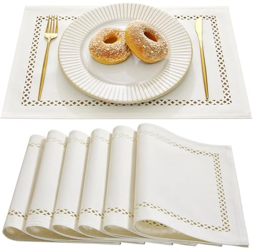 Wracra Tischsets Off-White Stoff, Platzsets Abwaschbar, Tischsets 6er Set | 30 x 45 cm, Zweilagig, Hohlgeo, Tischsets Platzset Polyester Boho, Maschinenwaschbar, Esszimmer, Feiertage, Partys