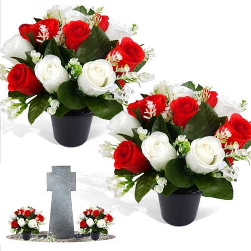 Maxmoc 2 Pcs Artificial Flowers for Graves,25cm Grave Flower Pots,Christmas Cemetery Flowers Decoration with 12 Head Roses for Cemetery Funeral Memorial Outdoor Graveside Decoration(Red & White)