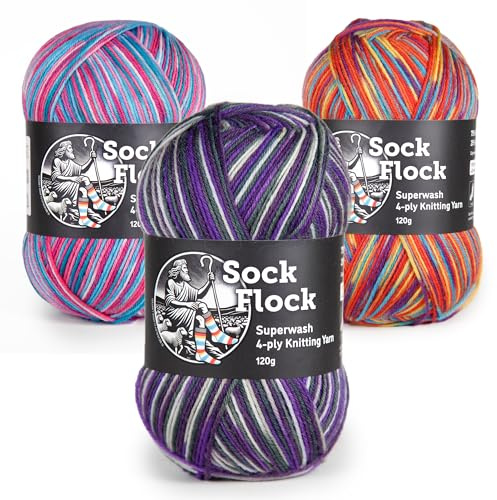 4-Ply Sock Yarn 3-Pack 360g, New Zealand Wool, Superwash, 3 Colours | Extra yardage for 3 large pairs of adult socks. Soft, durable, machine washable and designed to retain shape wash after wash.