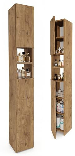 möbelkap Badezimmerschrank Eiche Lancelot 24×31×172 cm – Badschrank Hochschrank schmal, modernes Badmöbel mit Türen & offenen Fächern, viel Stauraum für Handtücher und Kosmetik