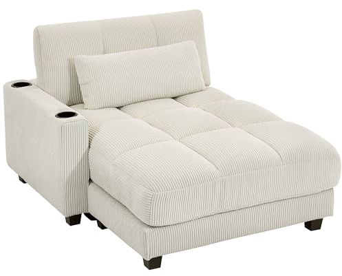 HOMCOM Chaiselongue 2 Sitzer Schlafsofa 114 x 147 cm Sofa mit Bettfunktion, Cord-Optik, Links/Rechts Armlehne, Becherhalter und Lendenkissen Couch für Wohnzimmer, Schlafzimmer, Cremeweiß