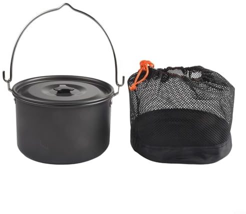 Olla de cocina colgante para exteriores de 4 L hecha de aluminio ligero, perfecta para acampar (tapa negra)