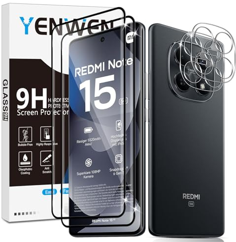 Yenwen 2 Piezas Protector de Pantalla para Xiaomi Redmi Note 15 5G / POCO M8 5G con 2 Piezas Protector de Lente de Cámara, Ultra HD Cristal Templado, Dureza 9H, Anti Arañazos, Sin Burbujas