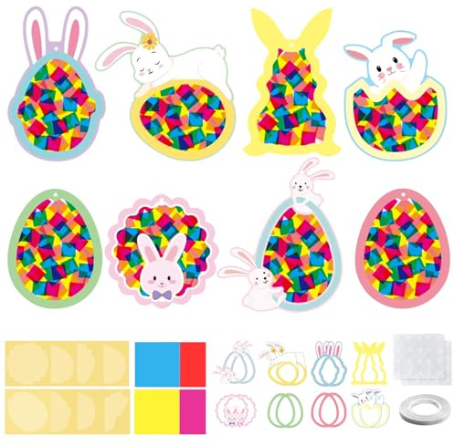 Pipihome Ostern Basteln Kinder, 16 Stück Fensterbilder Ostern Deko Bastelsets, Ostereier Hasen Osterbasteln mit Kindern, Ostern Geschenke Kinder, Osterdeko Geschenke