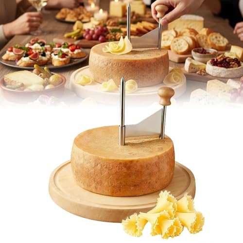 Cheese Curler Wheel, 2025 New Stainless Steel Cheese Slicer, Multifunctional Wooden Base Cheese Shaver Tool for Cafe Cheese Presentation, Professional Butter Curler for Restaurant (A)