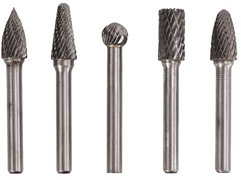 KANASI Rotary Burr Bits, 5PCS Tungsten Steel Grinder Files with 6mm Head for Metal Wood Carving and Polishing