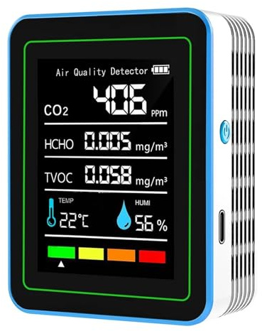 Rilevatore di gas, Monitor a qualità 'aria 5 in 1, rilevatore di CO2 for interni, tester formaldeide HCHO TVOC, display LCD, temperatura e umidità, misuratore,per casa e camper(WHITE)