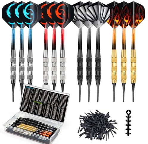 HUANQU 12 Stück Set Soft Dartpfeile Softdarts 17 Gramm– Dartpfeile mit Kunststoffspitze inkl. 40 Dartspitzen Kunststoff, Dart Tasche & Dart Zubehör – Perfekt für Dartscheibe Elektronisch
