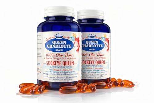 QUEEN CHARLOTTE SOCKEYE QUEEN HUILE PURE DE SAUMON SAUVAGE ROUGE DU PACIFIQUE - 2 boîtes de 120 CAPSULES (OMEGA 3 ET ASTAXANTINA)