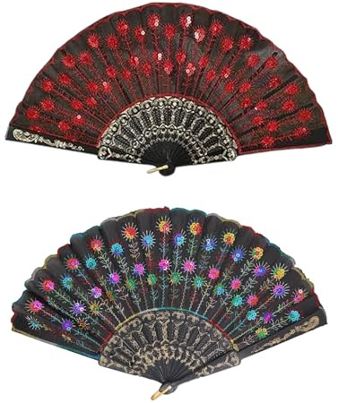 Wvbzf 2Pcs Spanish Fan,Patterned and Hand Fan Folding Set for Dance Performances and Cosplay Events, Rave Fan Accessories for Party Attendees and Vintage Fashion Lovers