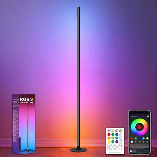 ONSTUY Lampade da Terra 1 pezzi,1.2m,RGBW Lampada da Terra LED con Telecomando e APP,16 Milioni di Colori,Sincronizzazione Musicale,234 Modalità Dinamiche,Lampada da Angolare per Camera,Soggiorno,Nero