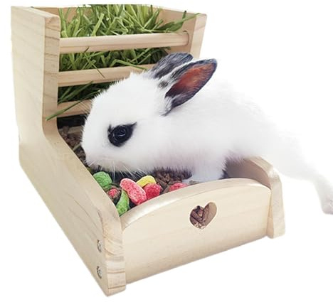 de heno para conejos, soporte de madera para alimentos de doble zona, estante de alimentación de hierba enana, para hámster enano, erizo, chinchilla, conejo, hurón, Guinea