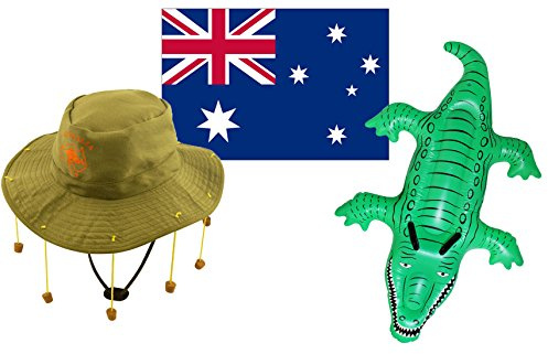 Australia Day Fancy Dress Set - Australian Flag Plus Cork HAT and Inflatable Animals - Adults Australian HAT and Inflatable Kangaroo OR Crocodile OR Shark