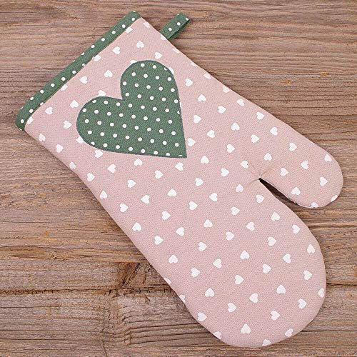 matches21 Gant de Cuisine Style Maison de Campagne Beige et cœur avec Application de Protection Contre la Chaleur Vert