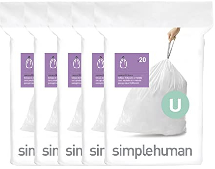 simplehuman, White, 1 Code U Custom Fit Drawstring Trash Bags, 55 Liter / 14.5 Gallon, 100 Count, 100 Pack