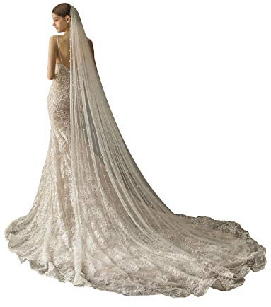 EllieHouse Damen Lange Kathedrale Länge 1 Tier Perle Hochzeit Brautschleier mit Metallkamm HD34, Elfenbein, 3 Meters