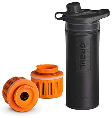Grayl GeoPress Filtro de agua para exteriores y viajes, para agua de 250 L, cartucho de filtro intercambiable, Covert Black con 2 filtros de repuesto