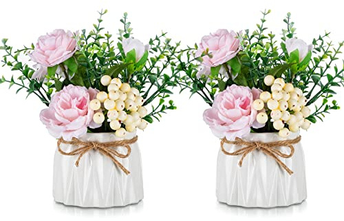 BLOSMON Artificial Flowers and Vase Decoration Fake Flower in Vases 2PCS Pink Plastic Rose Arrangements Table Floral Centrepieces Ornaments Plant Bouquet for Wedding Room Window Garden Party Display | 18 cm Height, Fake Flowers in Vase, Faux Silk Floral Arrangement Plant for Centrepieces, Bathroom, Shelf, Indoor Decoration