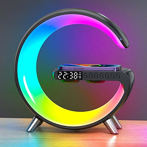 Nachttischlampe mit Ladefunktion und Uhr, Wake Up Licht Lichtwecker Touch Control Dimmbar Tischlampe RGB Nachtlicht mit App-Steuerung Musik-Sync Bluetooth-Lautsprecher Tischleuchte USB-Aufladbar