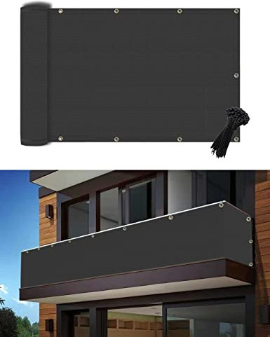 0.9x5m Black Balcony Privacy Screen Fence Cover UV Protection Weatherproof Waterproof Windscreen for Apartments Patio Outdoor Backyard Porch Deck Railing with Cable Ties