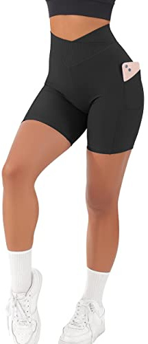 RXRXCOCO Damen Cross Waist Gerippte Kurze Sporthose mit Handytasche Nahtlos Gym Sport Shorts Kurze Laufhose Radlerhose Schwarz Size M