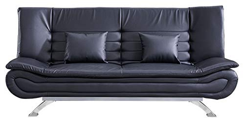INMOZATA Faux Leather Sofa Bed Double 3 Seater Recliner Sofa 188cm Spring Corner Couch Lounge Sofa Bed with Two Cushions/Chrome Legs for Living Room Bedroom Home Office Furniture Black (Leather)